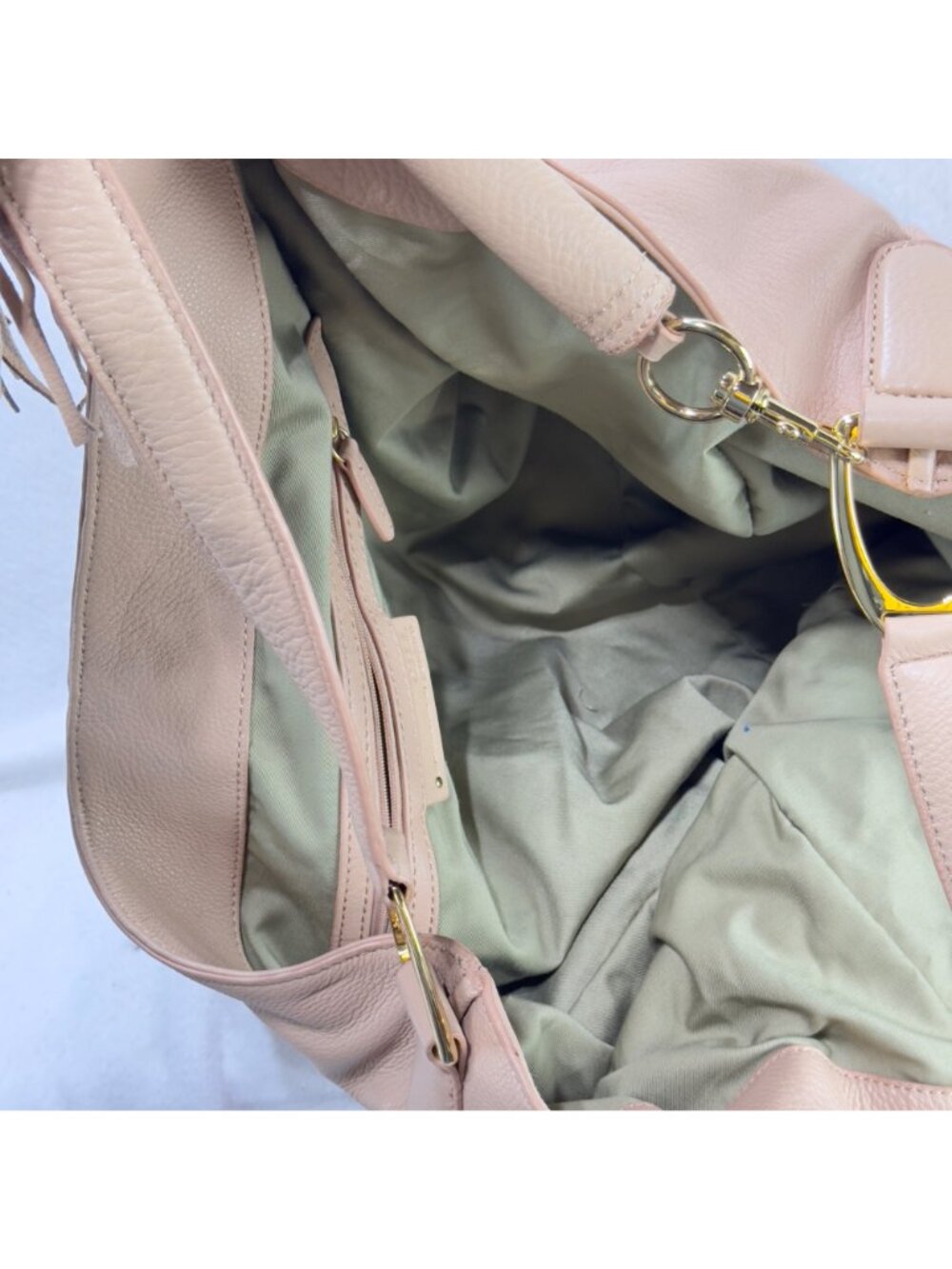 GILI Large Beige Leather Tote Bag With Gold Hardware & Fringe Tassel Accent - Picture 11 of 14